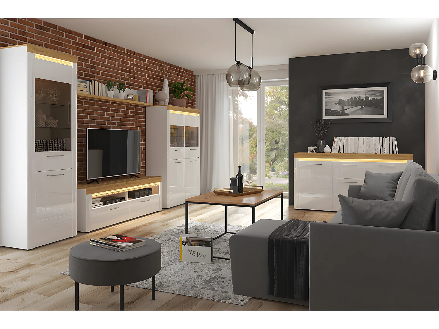 Meuble TV 2 tiroirs 2 niches 166 cm avec LED Nara Blanc et Bois