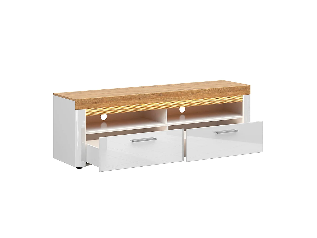 Meuble TV 2 tiroirs 2 niches 166 cm avec LED Nara Blanc et Bois