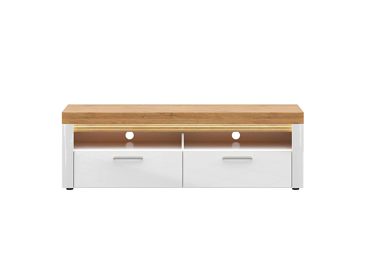 Meuble TV 2 tiroirs 2 niches 166 cm avec LED Nara Blanc et Bois
