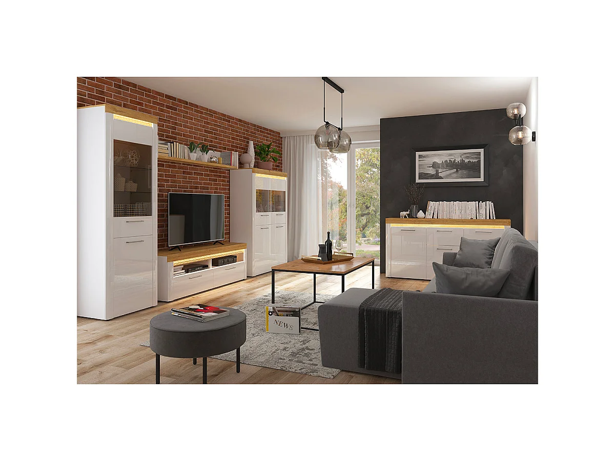 Meuble TV 2 tiroirs 2 niches 166 cm avec LED Nara Blanc et Bois