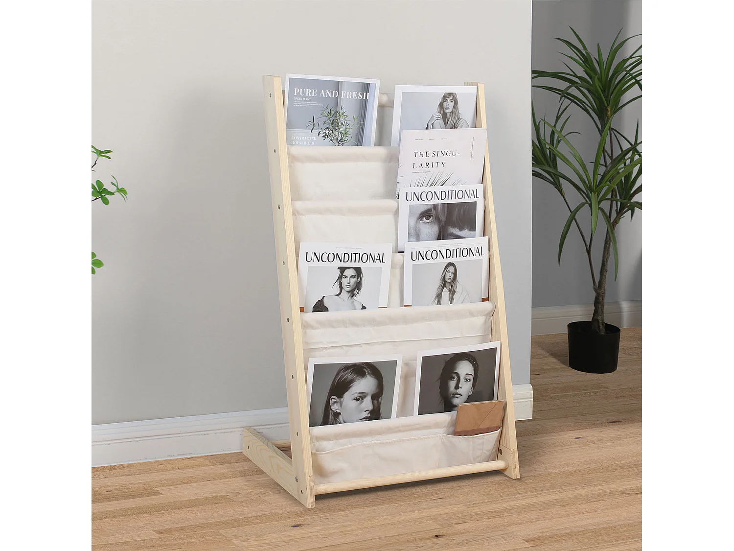 Tijdschriftenrek Rui van stof en hout met 6 vakken