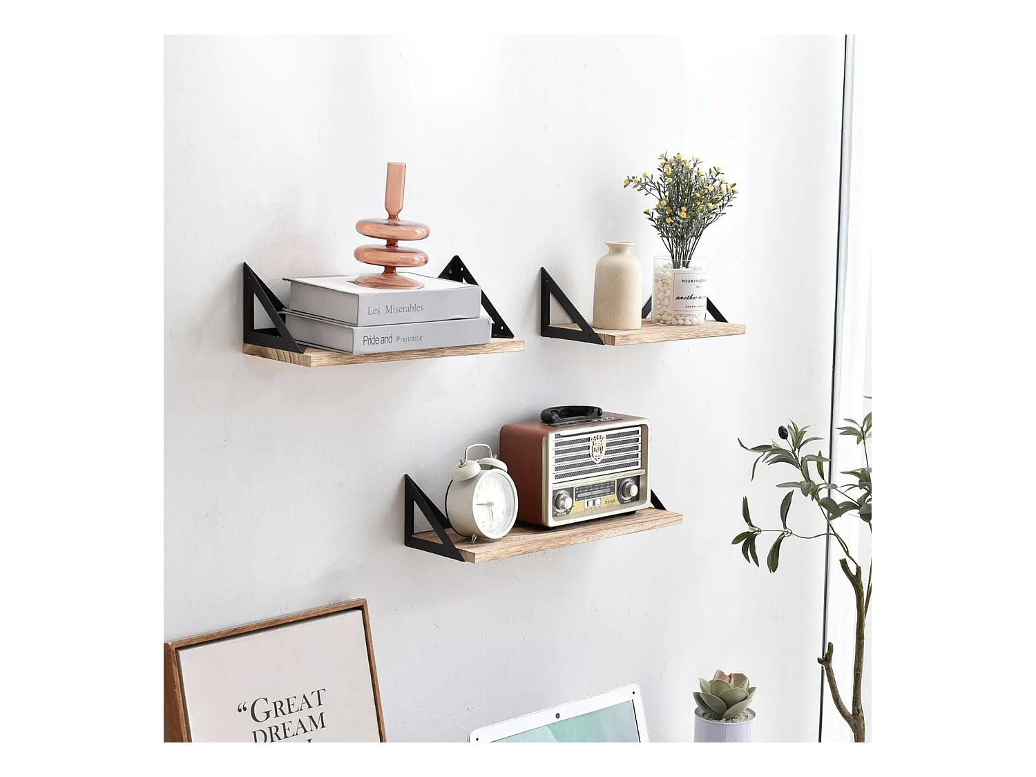 Set de 3 étagères murales Ceci métal noir et bois de paulownia