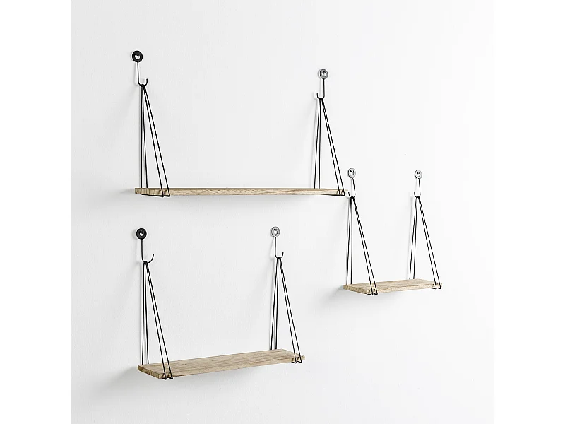 Zestaw trzech półek ściennych Airas z czarnego metalu i drewna paulownia.