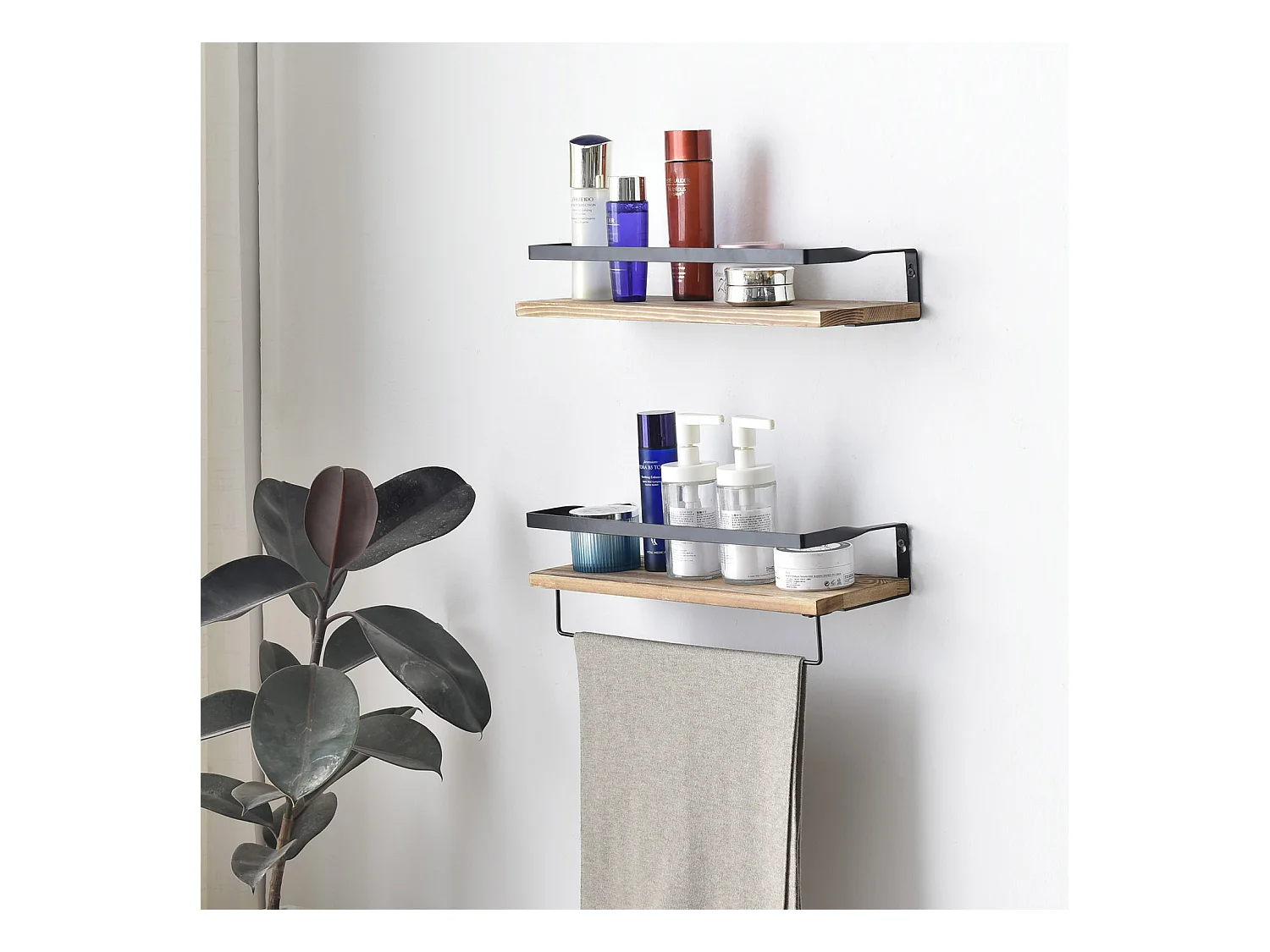 Set de 2 étagères murales Xavi avec porte-serviettes, bois de pin
