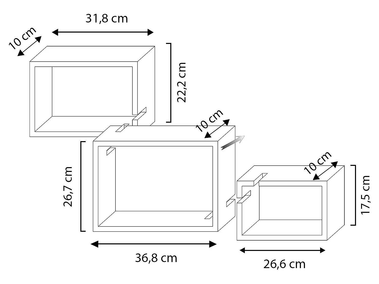 Set de 3 Etagères murales Iago carrées, bois de paulownia