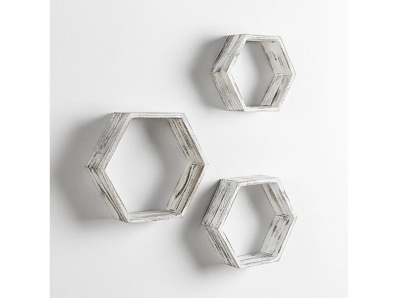 Set de 3 Etagères murales Nuno hexagonales blanc, bois de paulownia