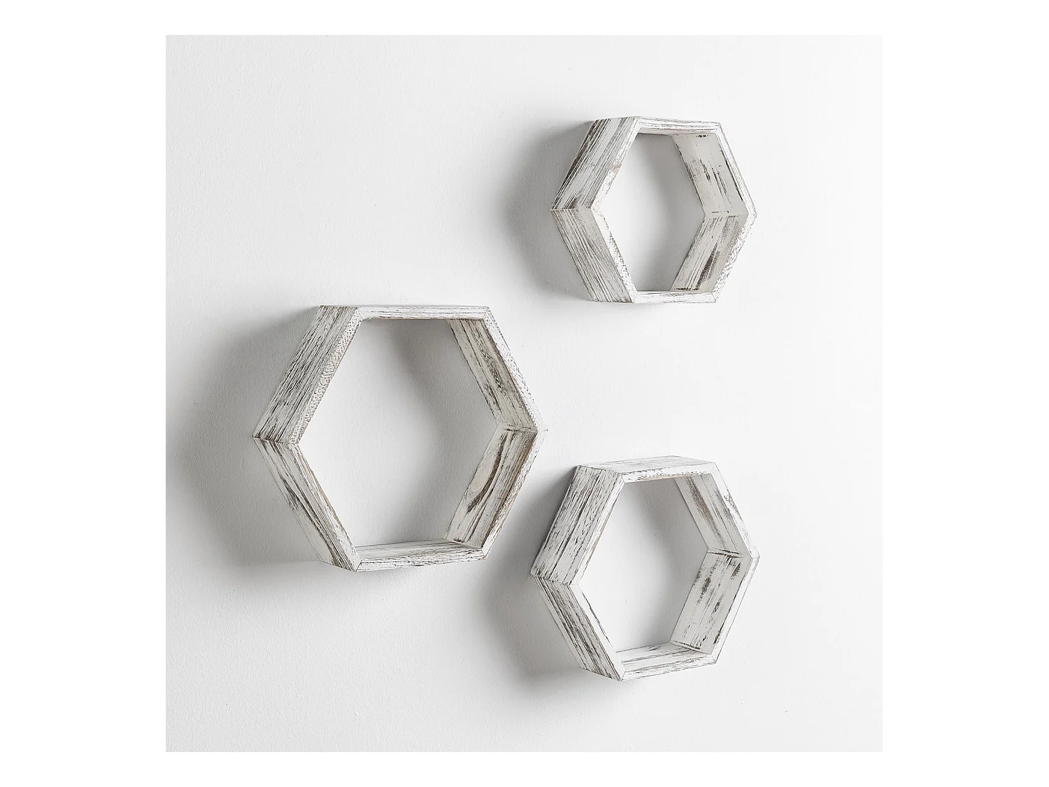 Set de 3 Etagères murales Nuno hexagonales blanc, bois de paulownia