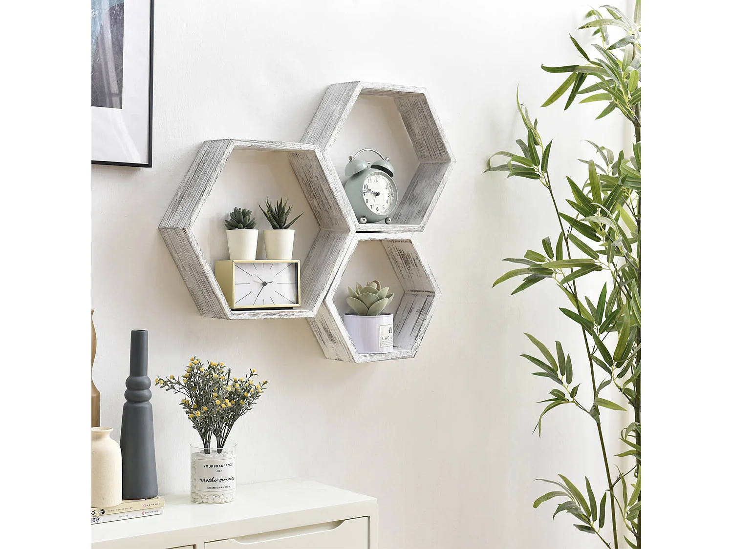 Set van 3 zeshoekige witte Nuno wandplanken