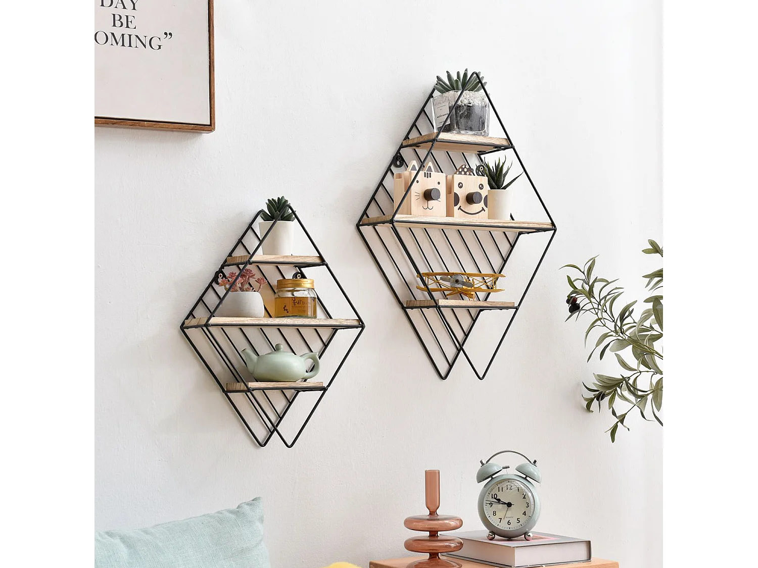 Set van 2 zwarte metalen Diamant wandplanken