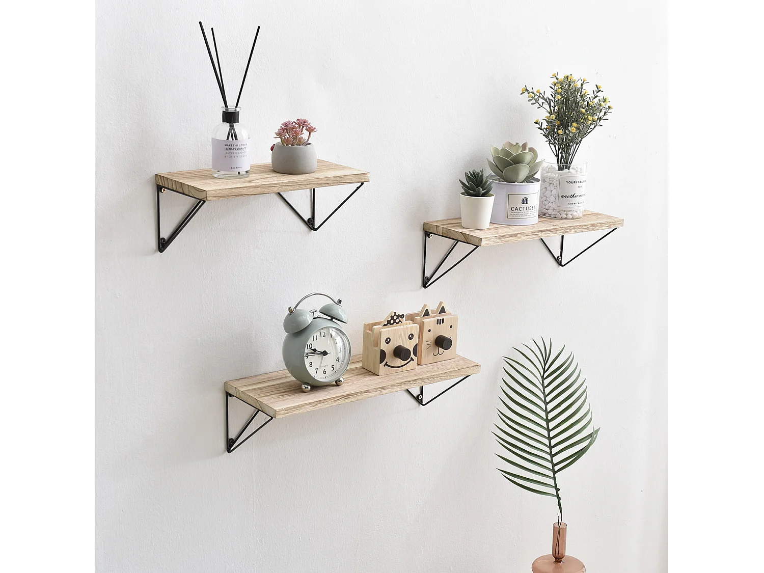 Set de 3 étagères murales Amaro métal noir et bois paulownia