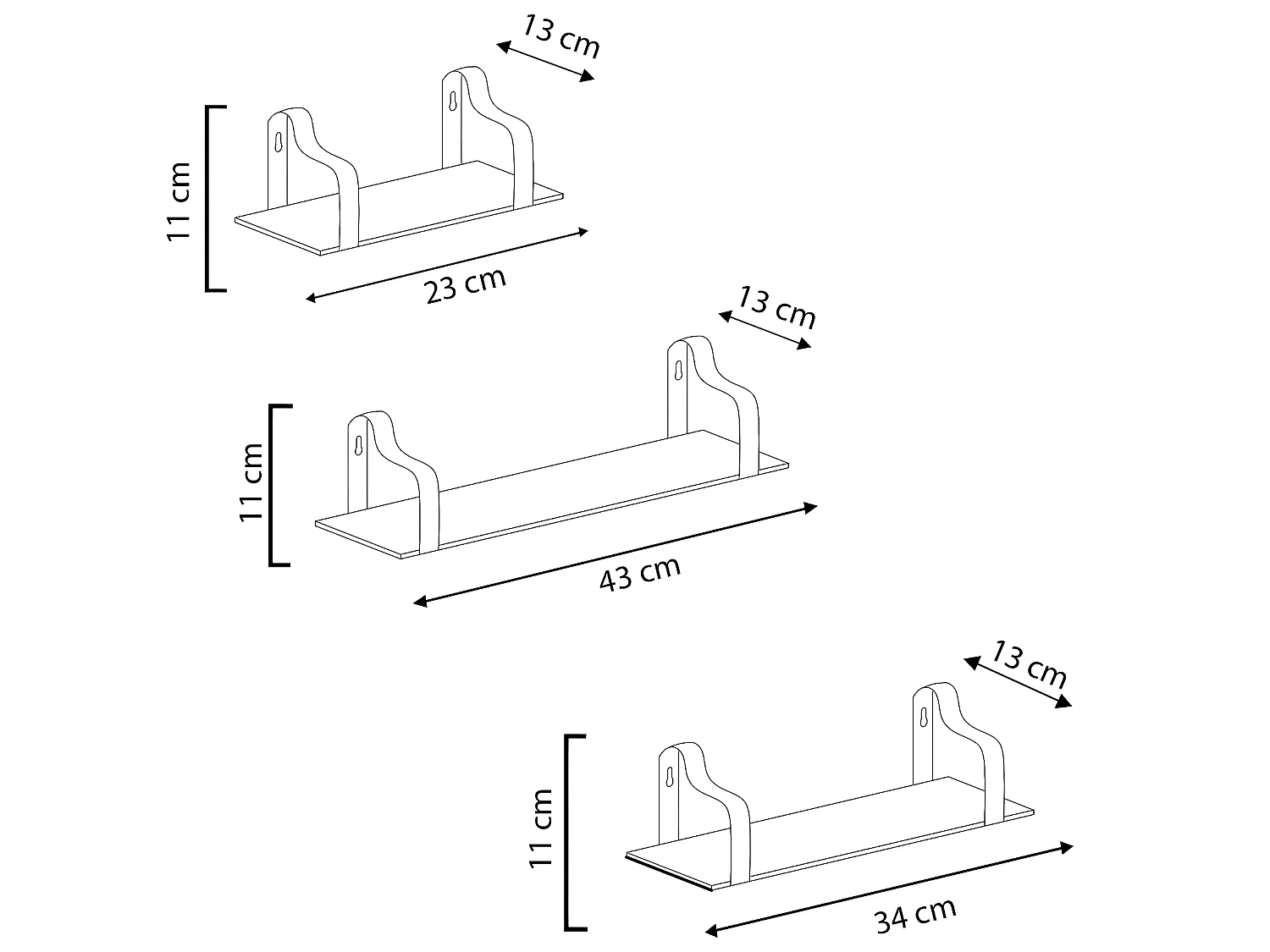 Set de 3 étagères murales Bemol en métal noir et bois de paulownia