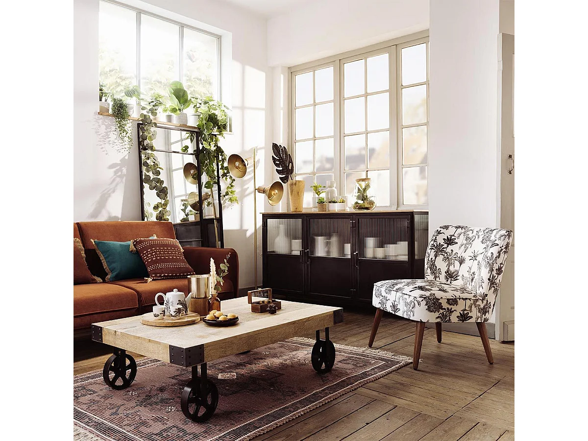 Fauteuil en Bois et Tissu imprimé  Noir & Blanc