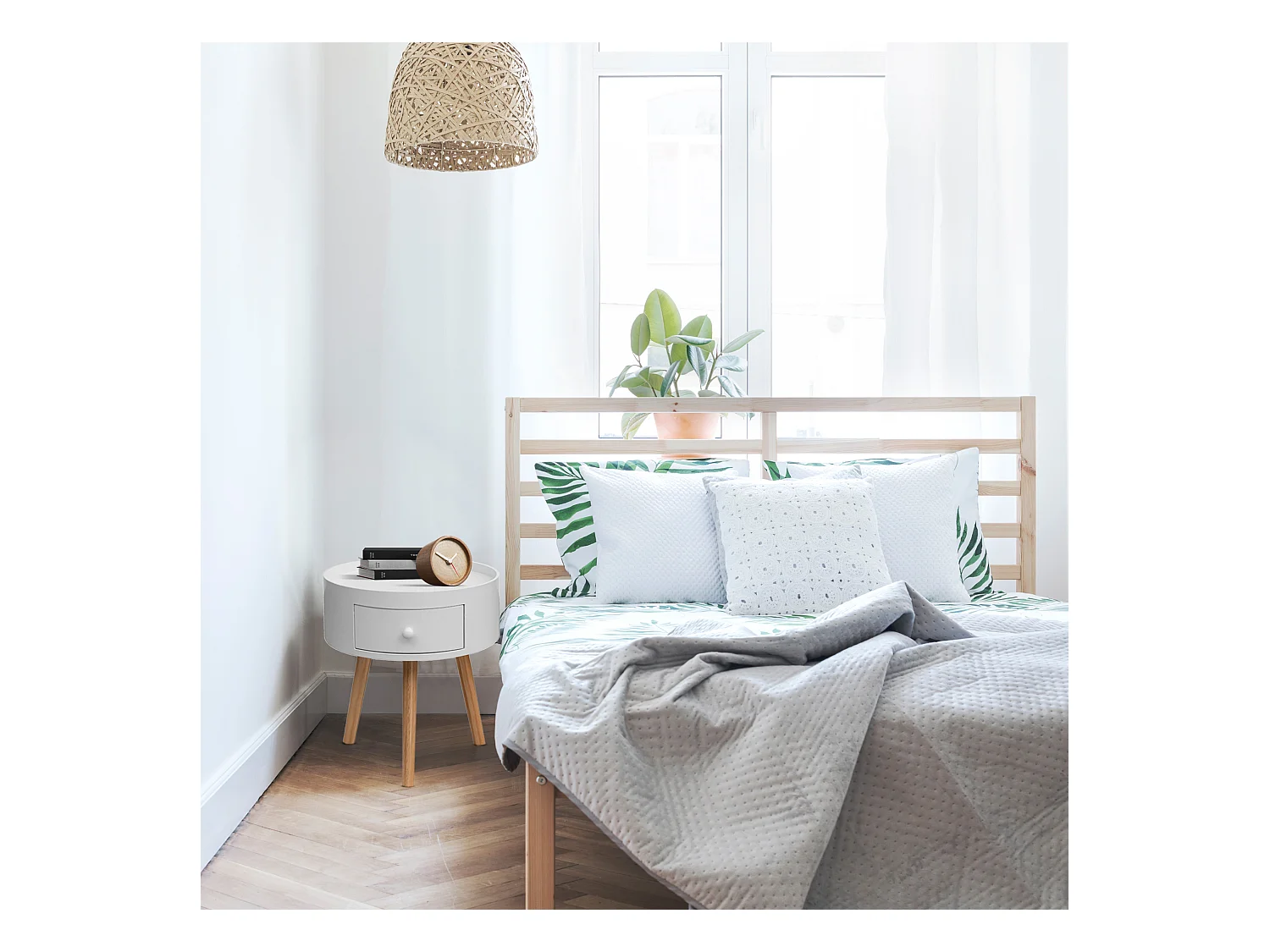 Table de chevet 1 Tiroir ronde en Bois blanc pour chambre à coucher