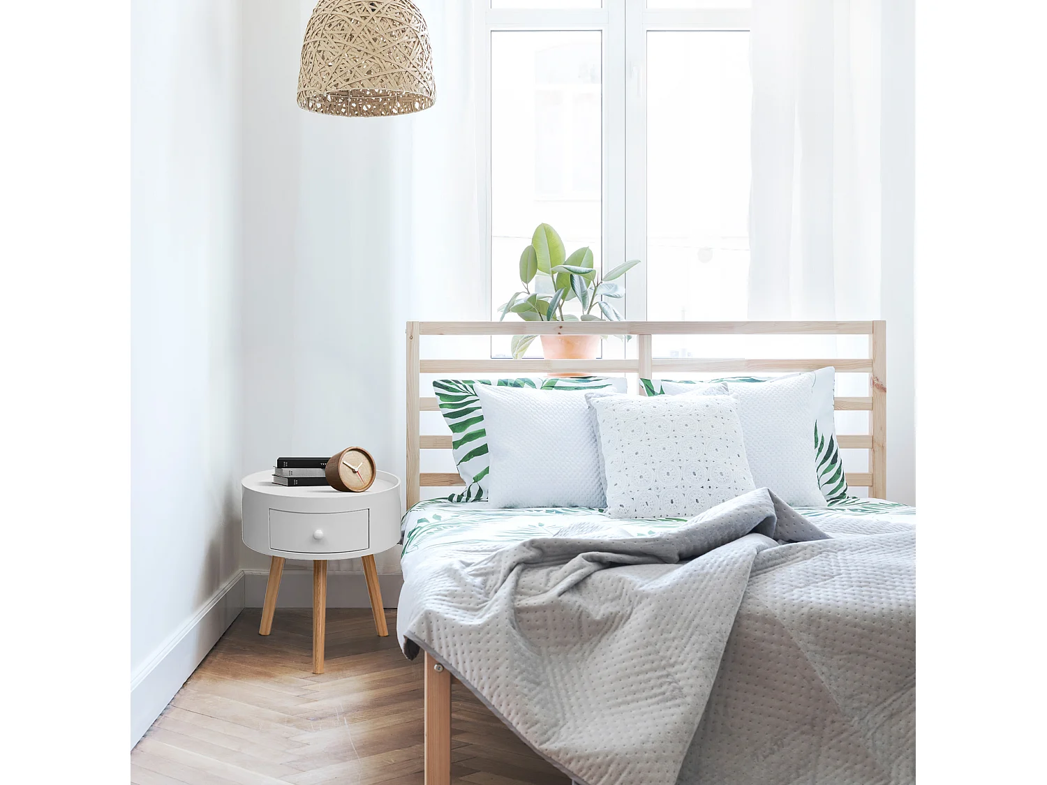 Table de chevet 1 Tiroir ronde en Bois blanc pour chambre à coucher