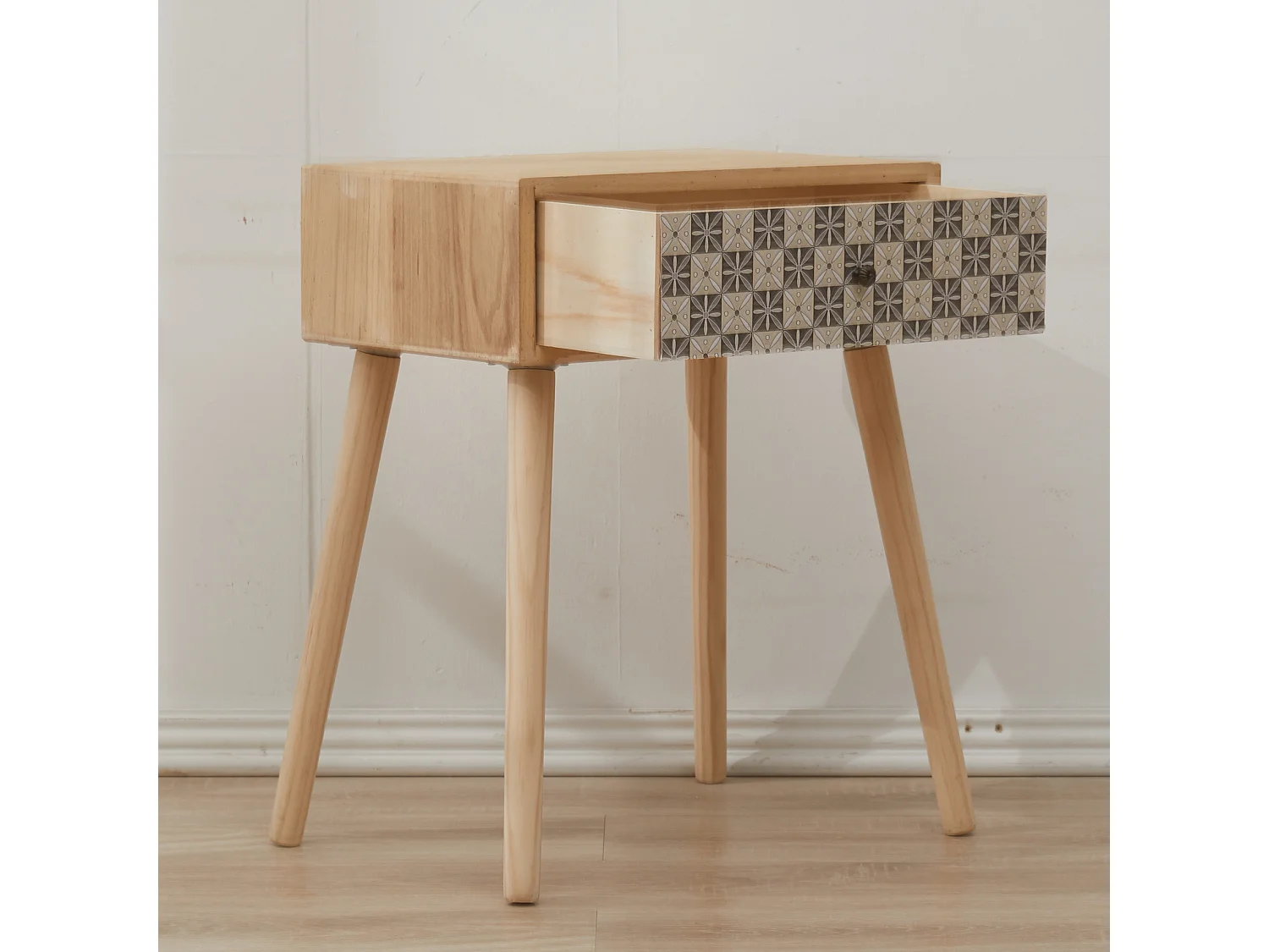 Comodino 1 Cassetto Scandinavo Legno Chiaro Grigio 57x45x30