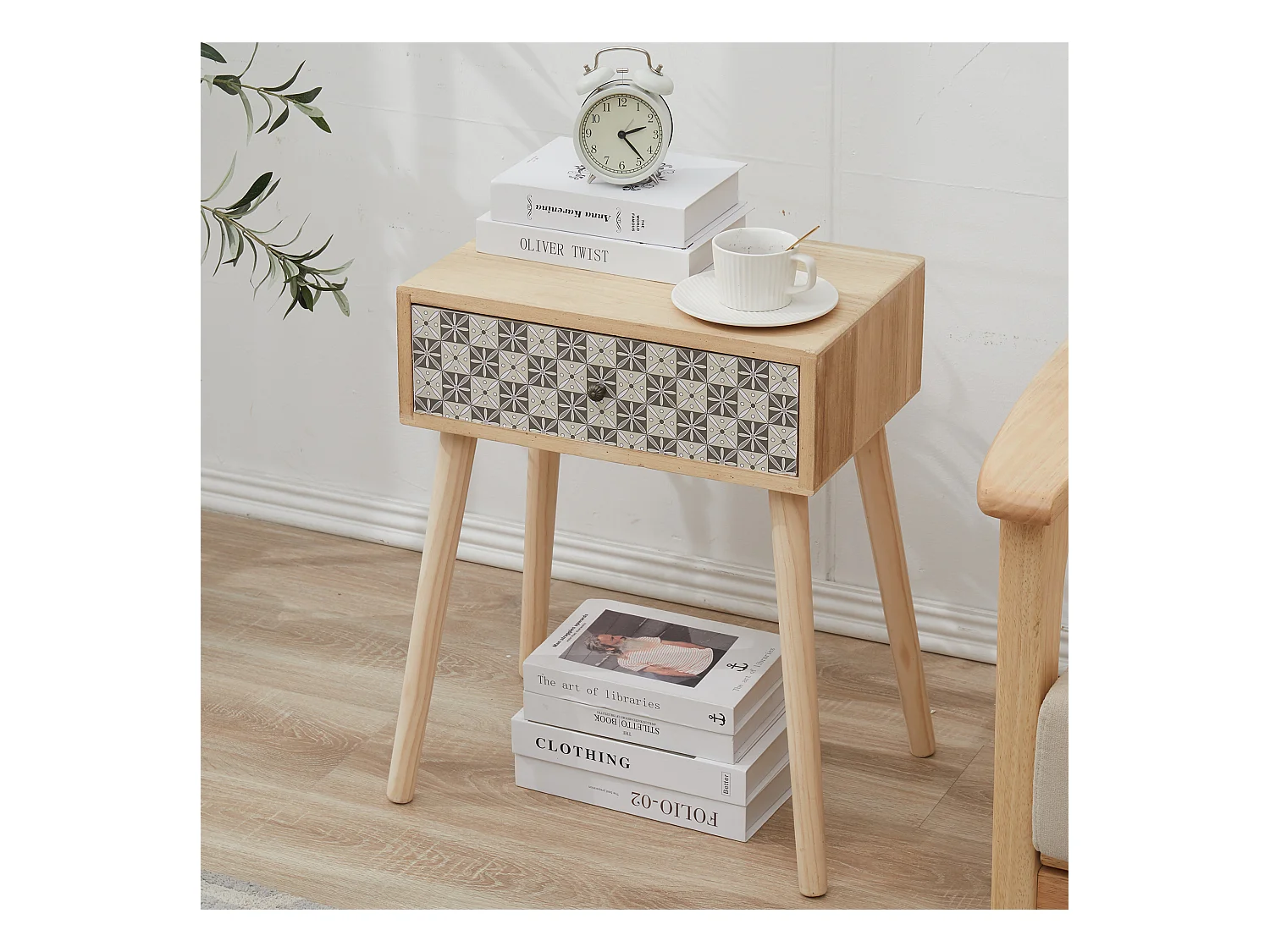 Commode 1 Tiroir Scandinave Bois Clair Gris Decor 56x45x30