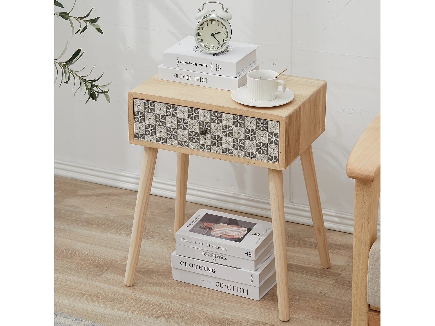 Comodino 1 Cassetto Scandinavo Legno Chiaro Grigio 57x45x30