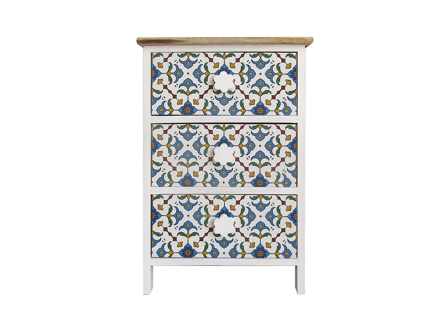 Table De Chevet 3 Tiroirs Bois Majolique Blanc 60x40x30