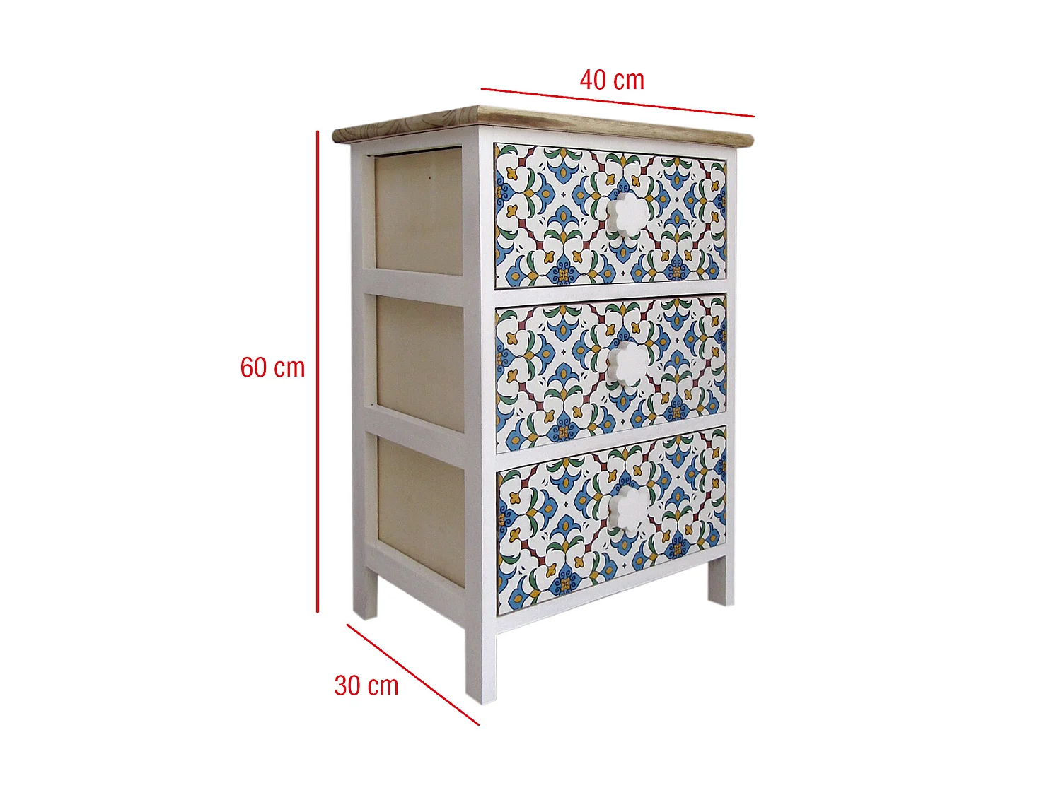 Table De Chevet 3 Tiroirs Bois Majolique Blanc 60x40x30