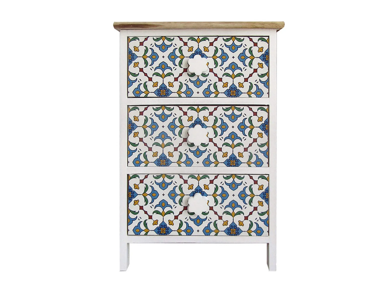 Comodino Cassettiera 3 Cassetti Bianco Maioliche Legno 60x40x30