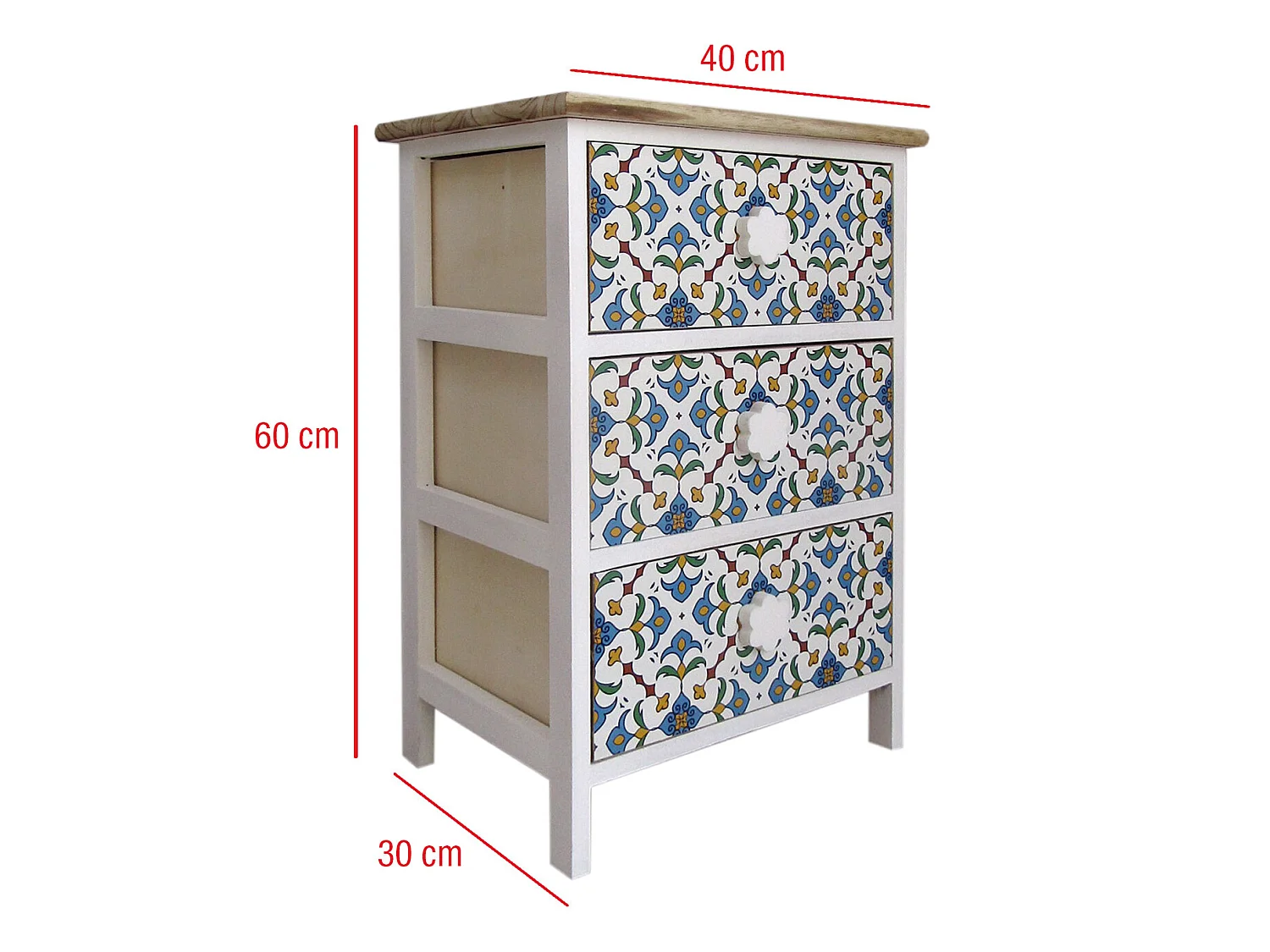 Comodino Cassettiera 3 Cassetti Bianco Maioliche Legno 60x40x30