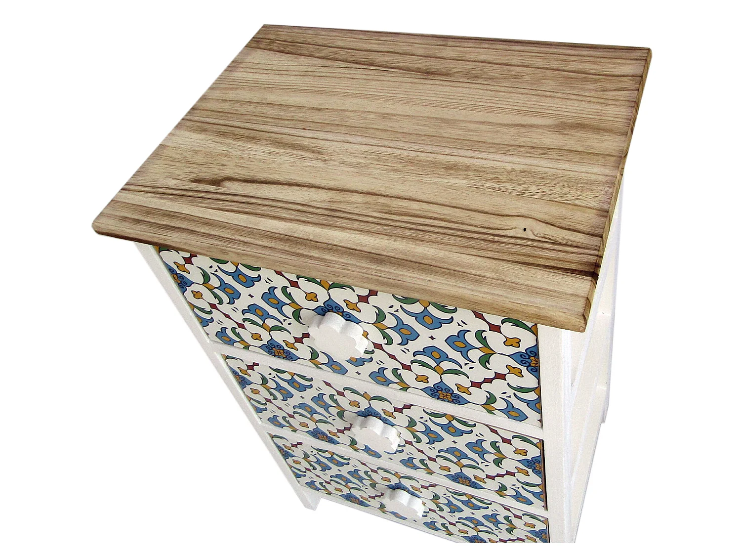 Comodino Cassettiera 3 Cassetti Bianco Maioliche Legno 60x40x30