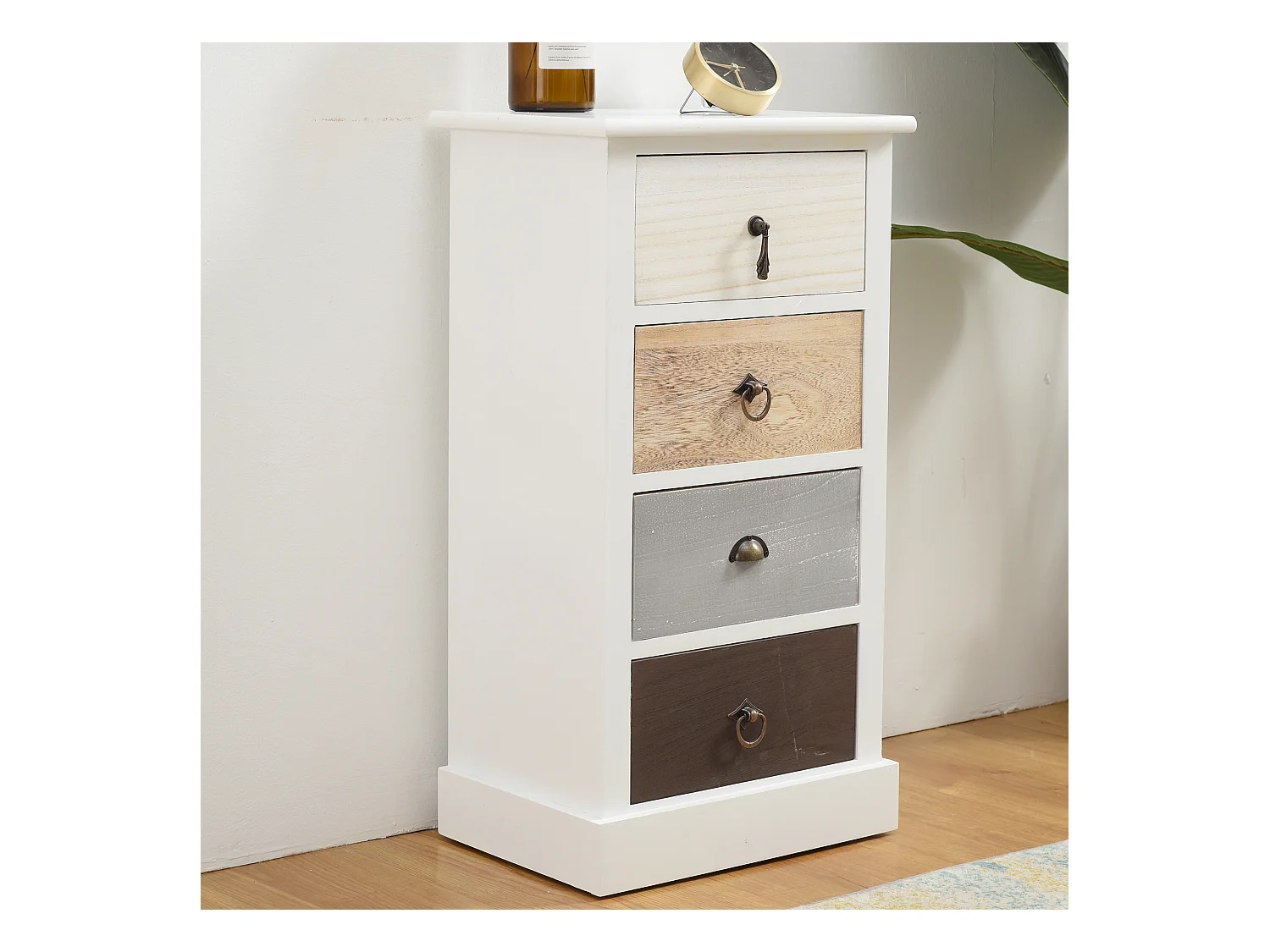 Cassettiera Comodino Mobile 4 Cassetti Bianco Marrone 69x37x27