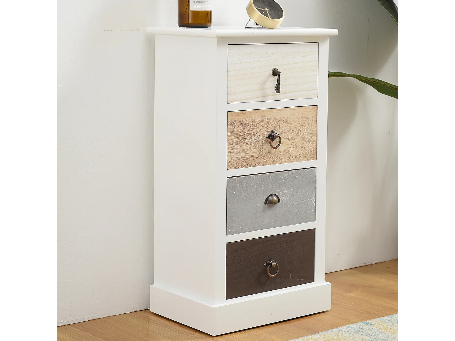 Cassettiera Comodino Mobile 4 Cassetti Bianco Marrone 69x37x27