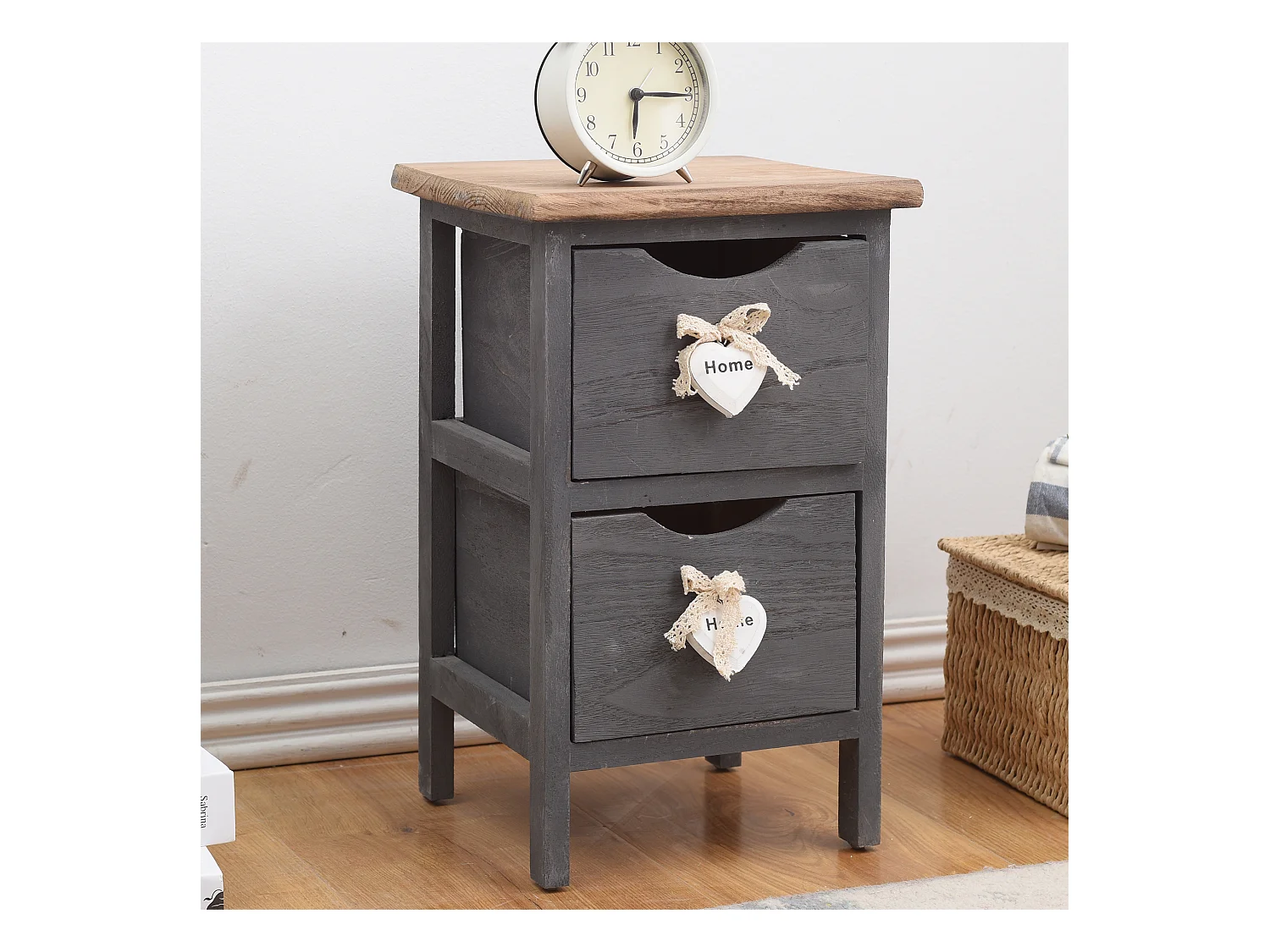 Comodino Mobiletto 2 Cassetti Grigio Legno Shabby 41x25x25