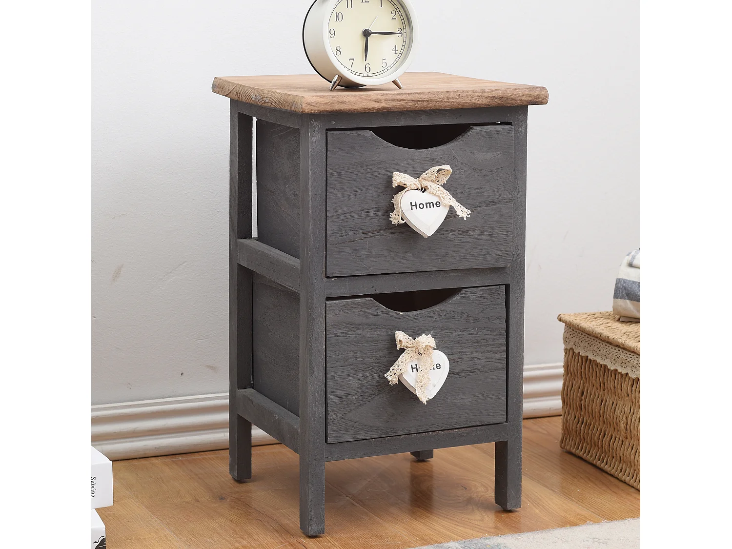 Comodino Mobiletto 2 Cassetti Grigio Legno Shabby 41x25x25