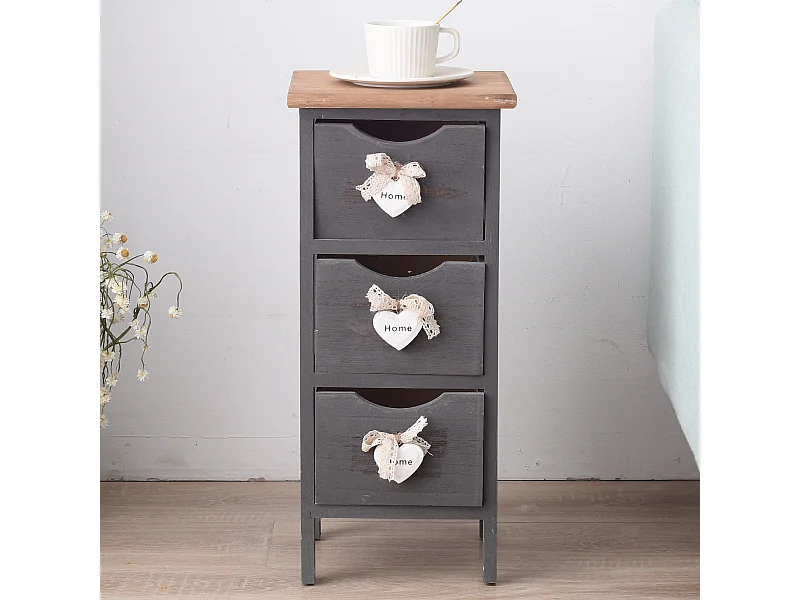 Comodino Mobiletto 3 Cassetti Grigio Legno Vintage 56x25x25
