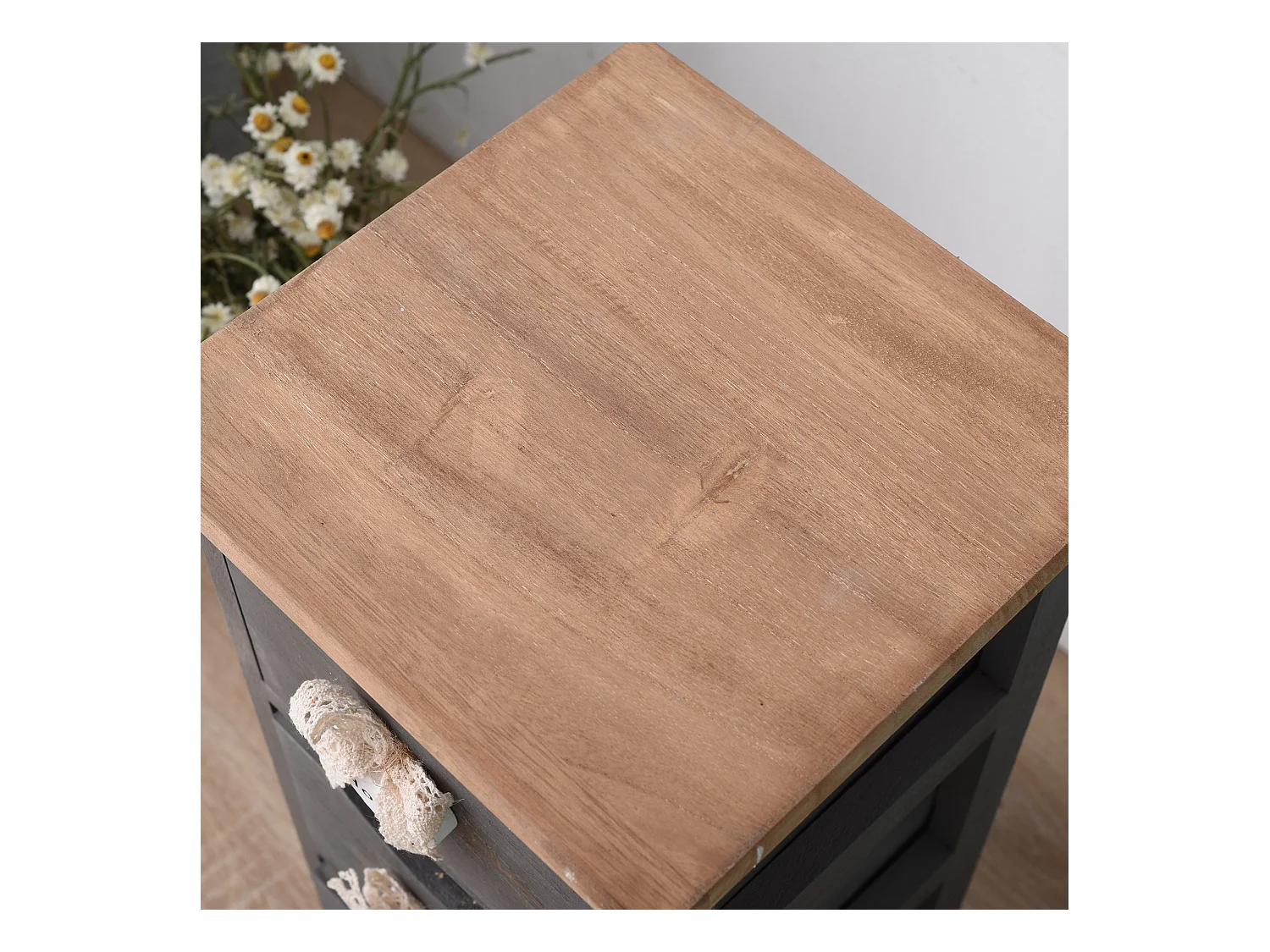 Comodino Mobiletto 3 Cassetti Grigio Legno Vintage 56x25x25