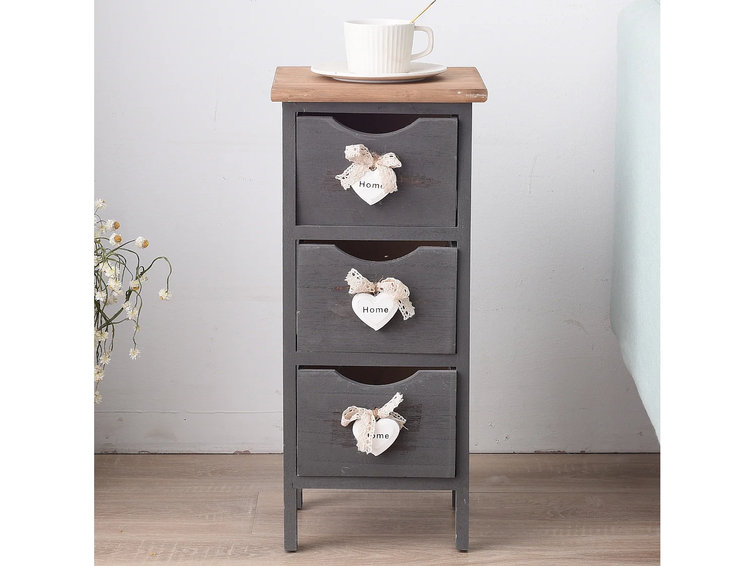 Table De Nuit Chevet 3 Tiroirs Bois Gris Shabby Chic 56x25x25