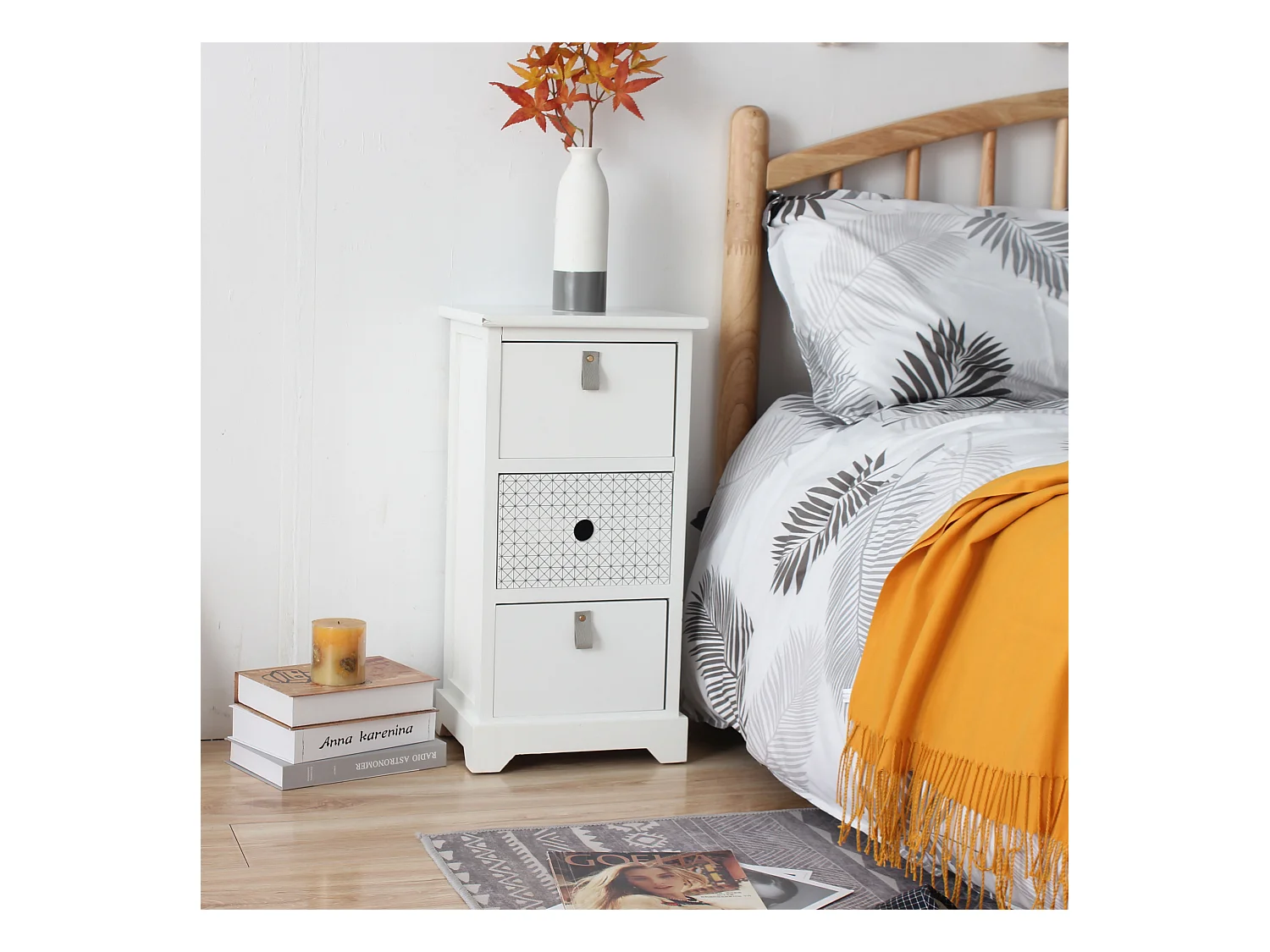 Comodino Con 3 Cassetti In Legno Bianco Camera Da Letto 59,5x30x25 Cm