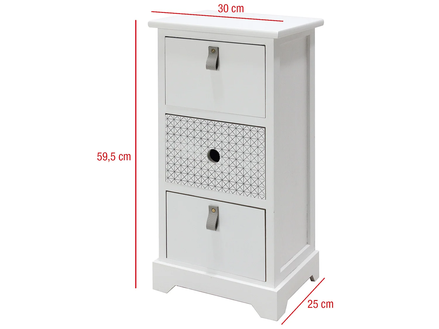 Comodino Con 3 Cassetti In Legno Bianco Camera Da Letto 59,5x30x25 Cm