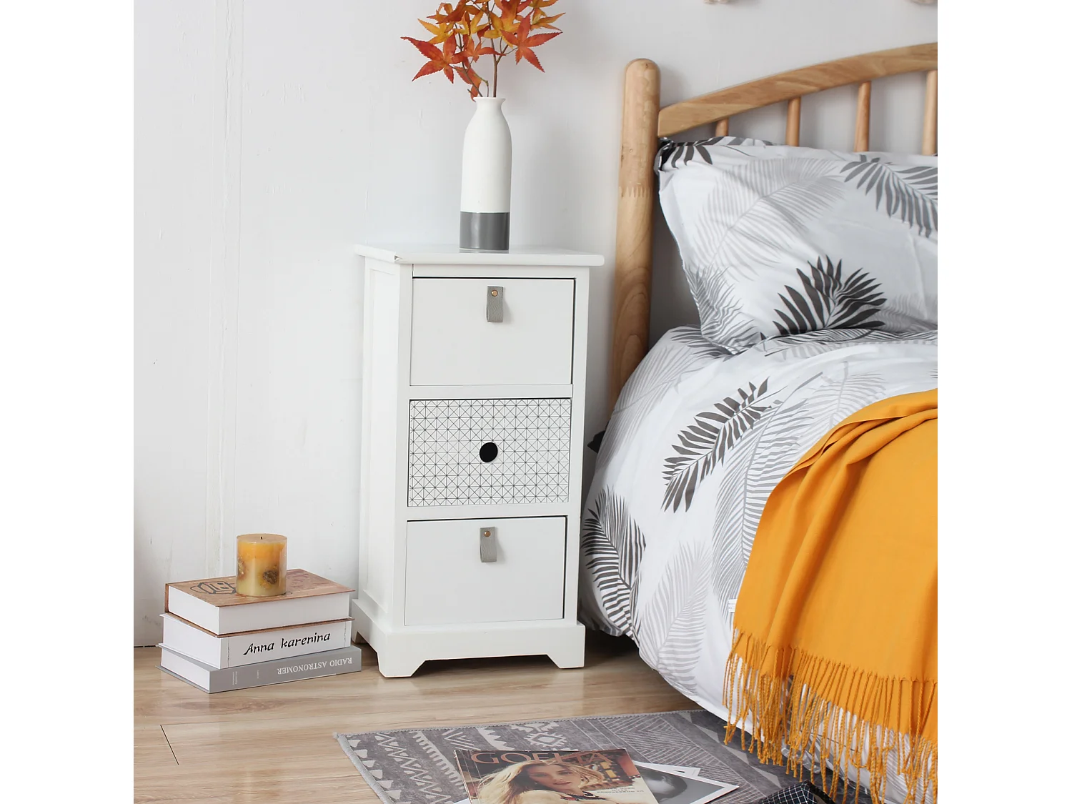 Table De Chevet 3 Tiroirs Bois Mdf Blanc Gris Moderne 59.5x30x25 Cm