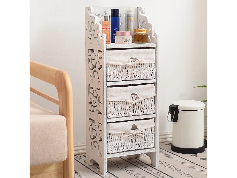 Cassettiera Comodino 3 Cassetti Legno Bianco Shabby 78x29x22