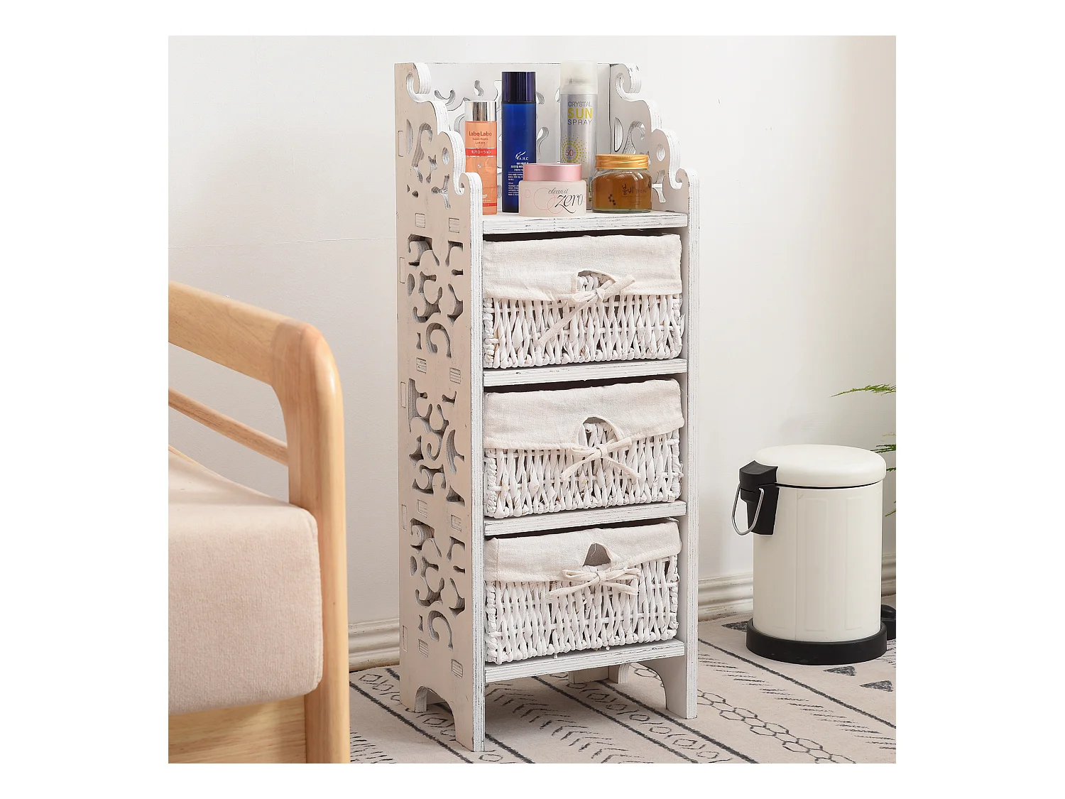 Cassettiera Comodino 3 Cassetti Legno Bianco Shabby 78x29x22