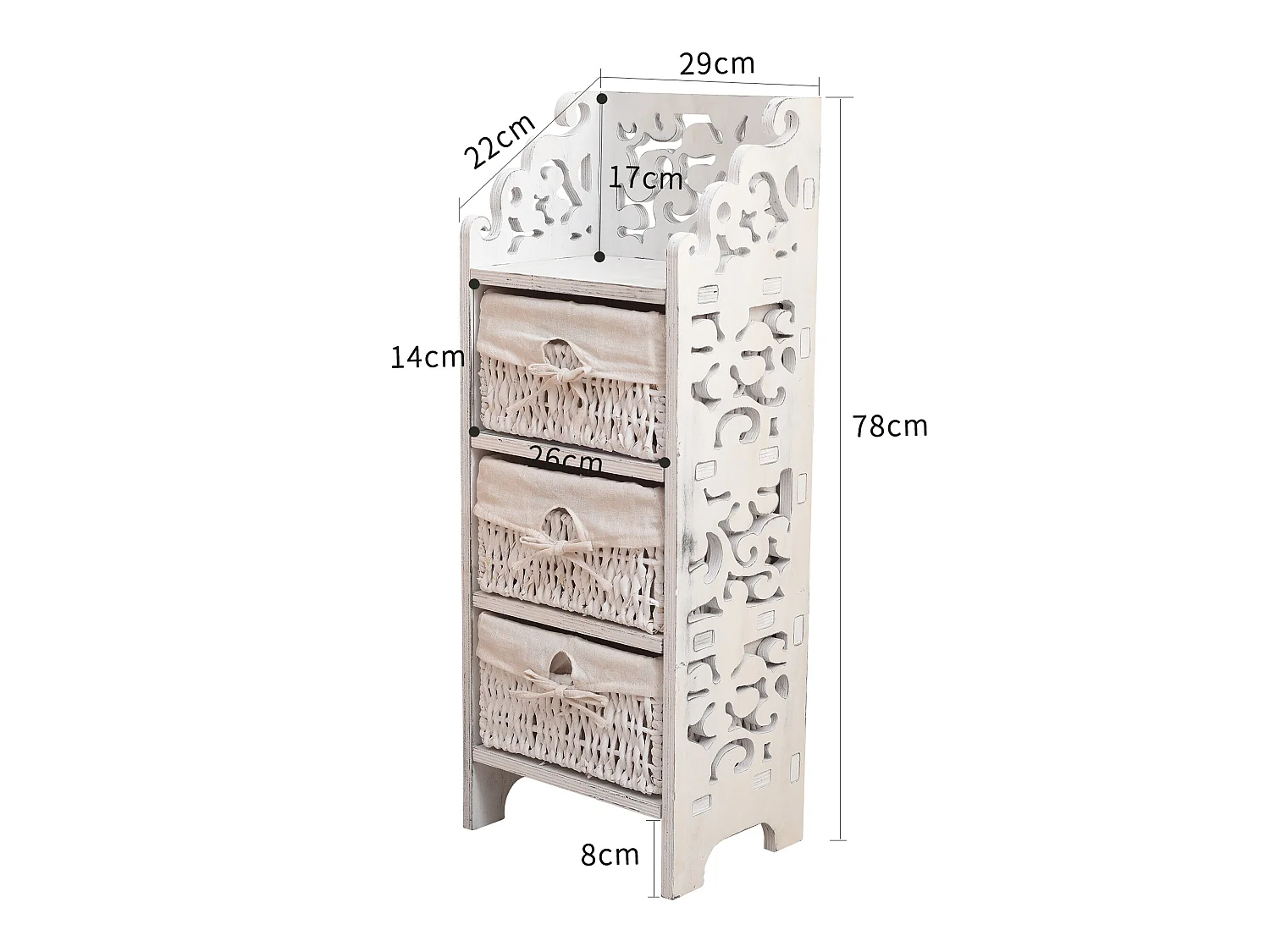 Cassettiera Comodino 3 Cassetti Legno Bianco Shabby 78x29x22