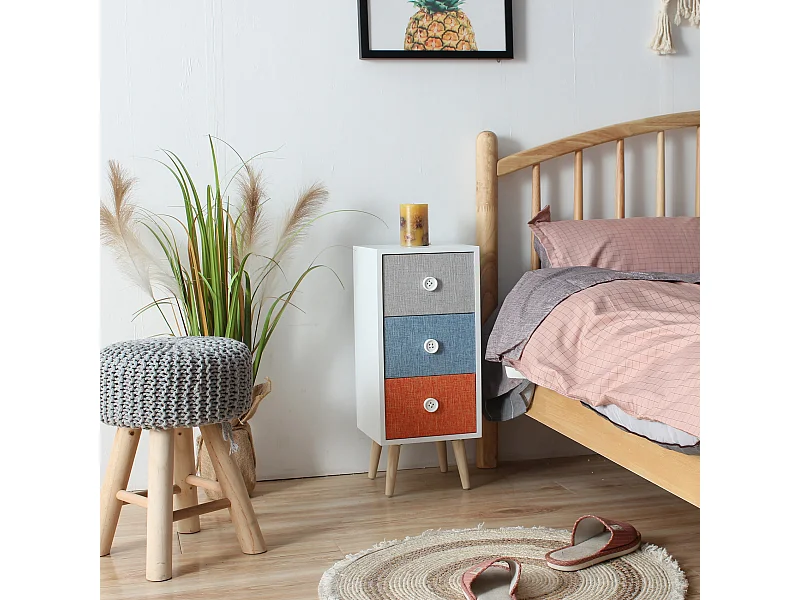 Commode en bois à 3 Tiroirs Chambres d'enfants Tissu moderne et coloré