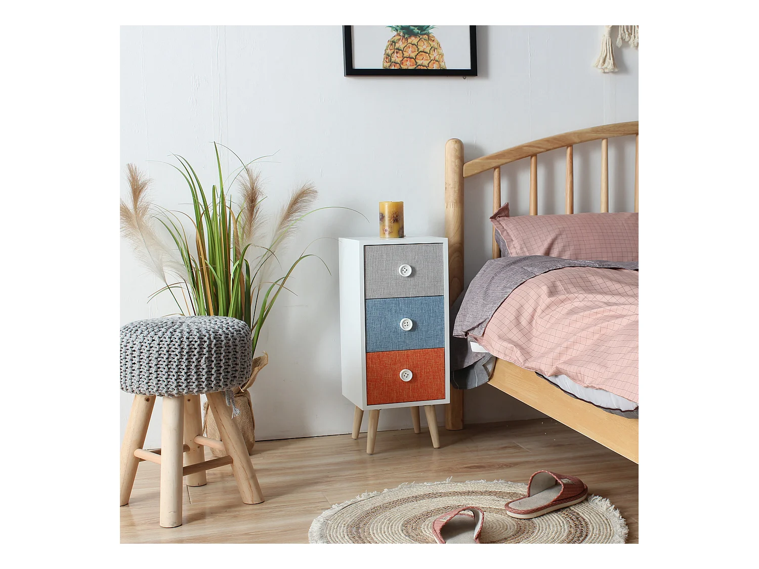 Commode en bois à 3 Tiroirs Chambres d'enfants Tissu moderne et coloré