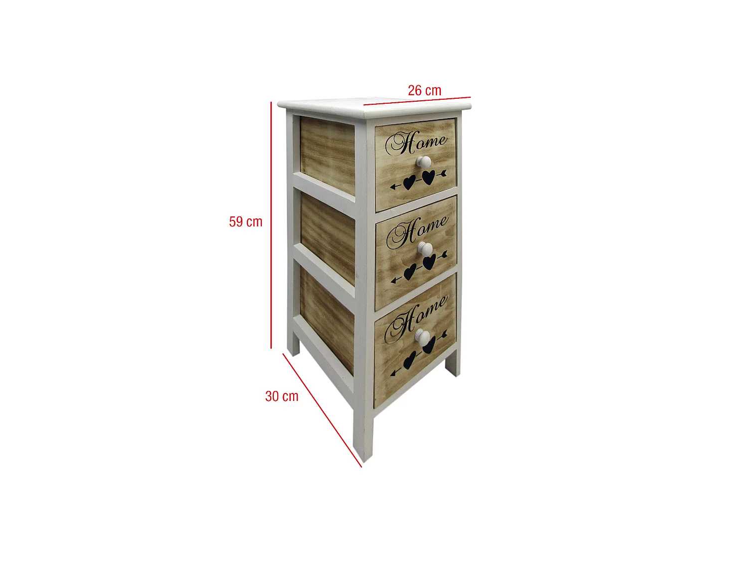 Comodino 3 Cassetti Legno Bianco Nordico Bagno Camera 59x26x30