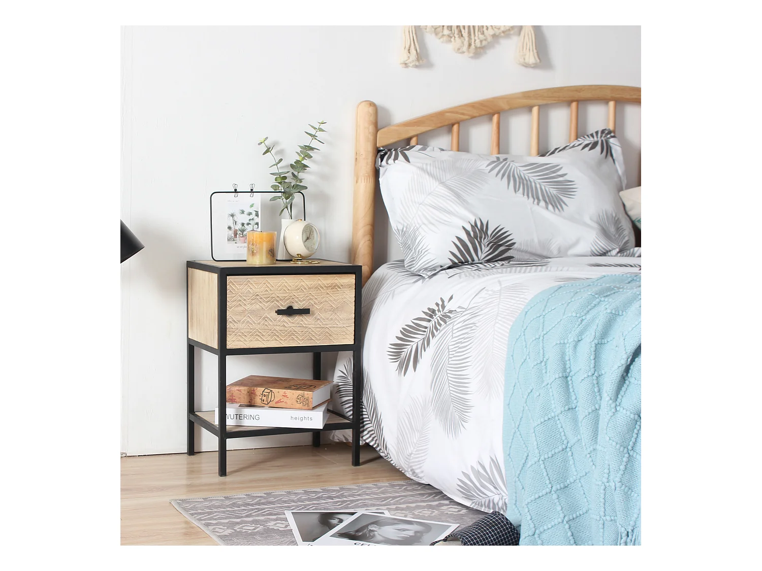 Mesa de cabeceira com prateleira de madeira e gaveta de metal para dormitório 47,5x35x25 Cm