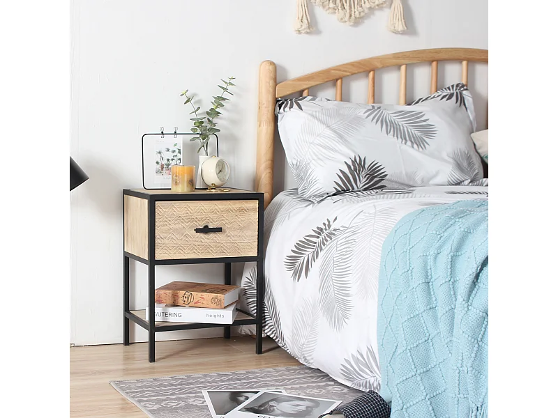 Table De Chevet Avec Étagère En Métal Bois Beige Noir 1 Tiroir