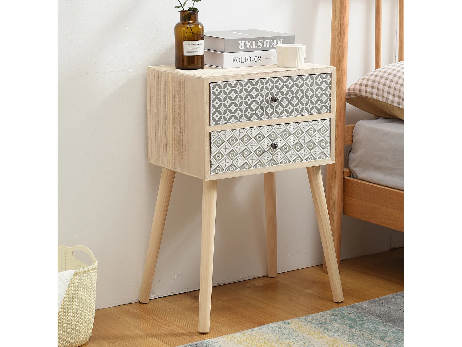 Table De Chevet 2 Tiroirs Bois Brun Gris Moderne 71 X 45 X 30