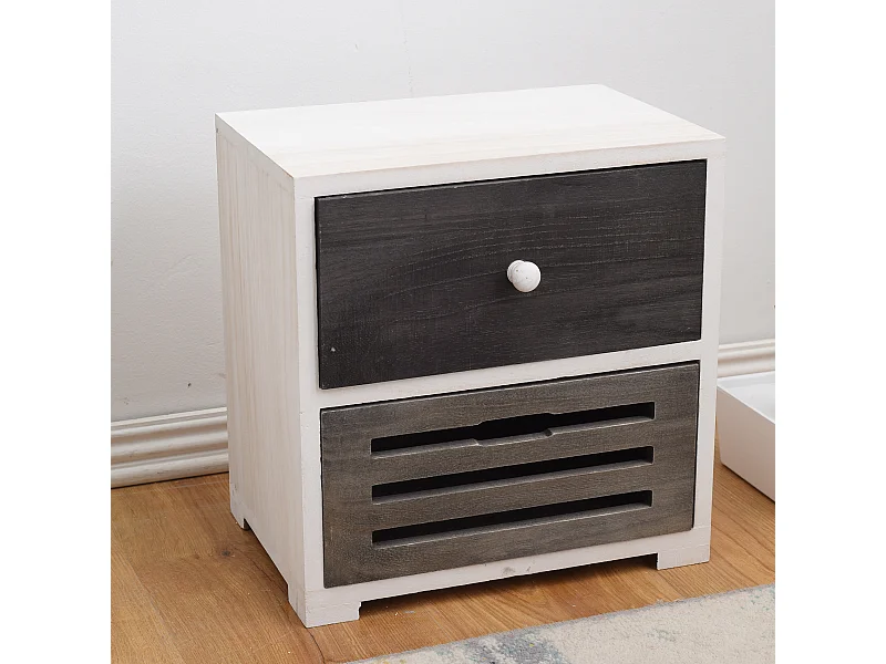 Comodino Mobiletto 2 Cassetti Legno Bianco Grigio Shabby 36x35x24