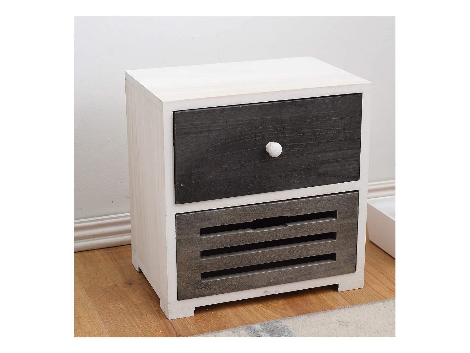 Comodino Mobiletto 2 Cassetti Legno Bianco Grigio Shabby 36x35x24