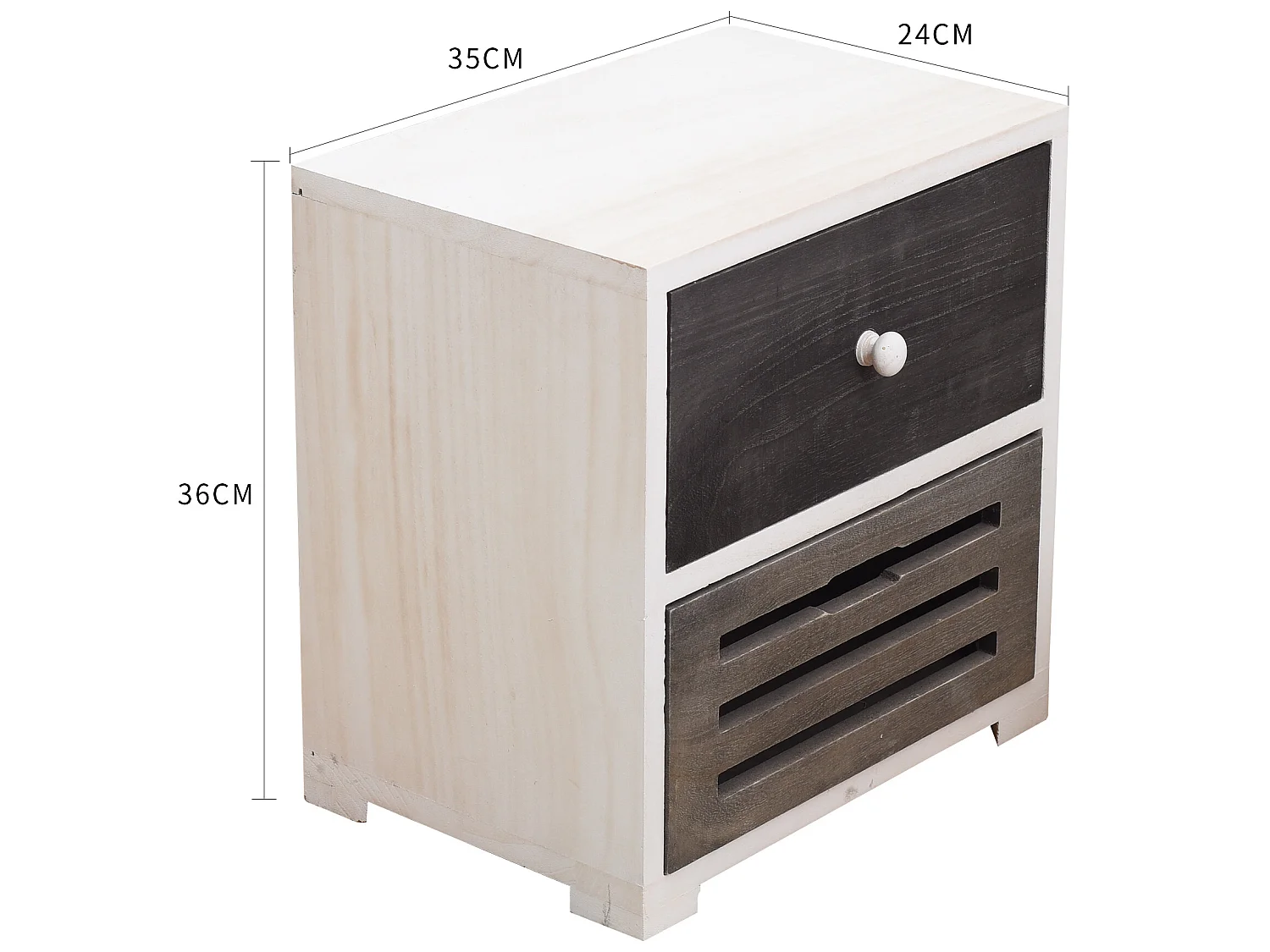 Comodino Mobiletto 2 Cassetti Legno Bianco Grigio Shabby 36x35x24