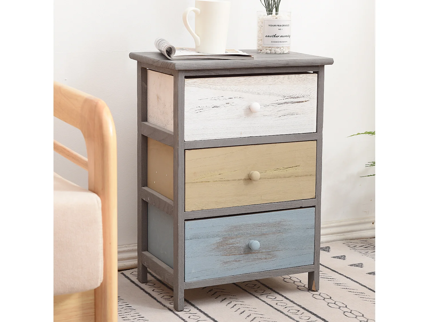 Comodino Cassettiera 3 Cassetti Legno Grigio Beige 56x40x29