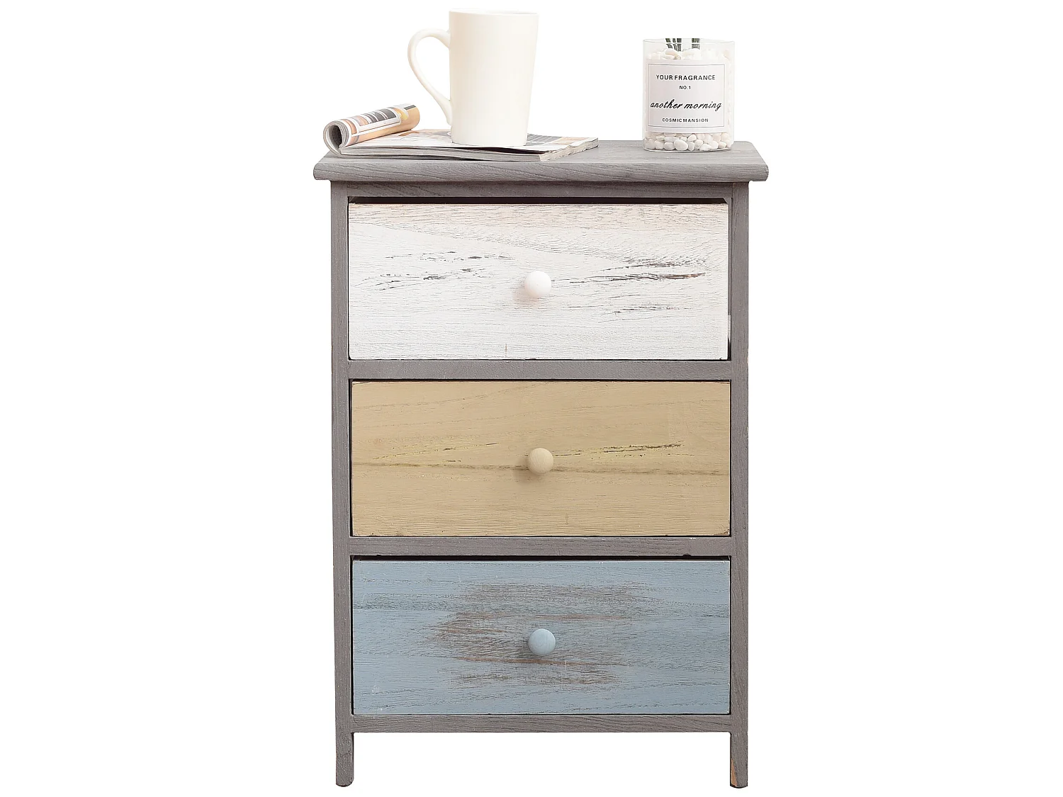 Comodino Cassettiera 3 Cassetti Legno Grigio Beige 56x40x29
